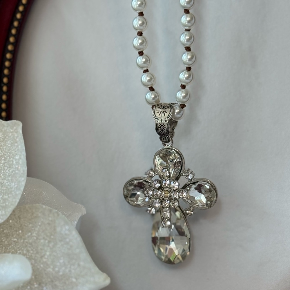 Hand Crafted Silver and Pearl Necklace with Crystal Pendant
